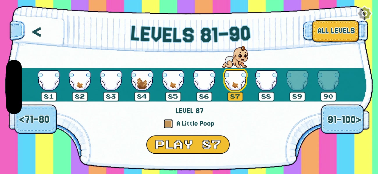 The Dad Reflex level map: levels 81 to 90 on a diaper, the crawler standing on level 87