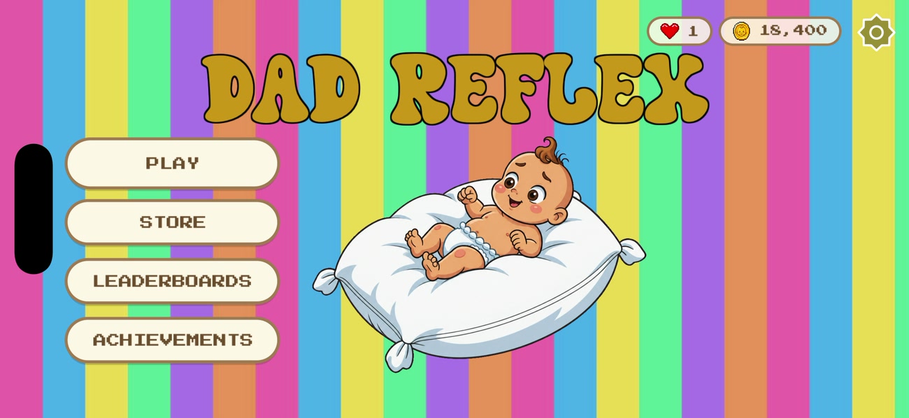 The Dad Reflex main menu: Play, Store, Leaderboards and Achievements beside the baby on its pillow