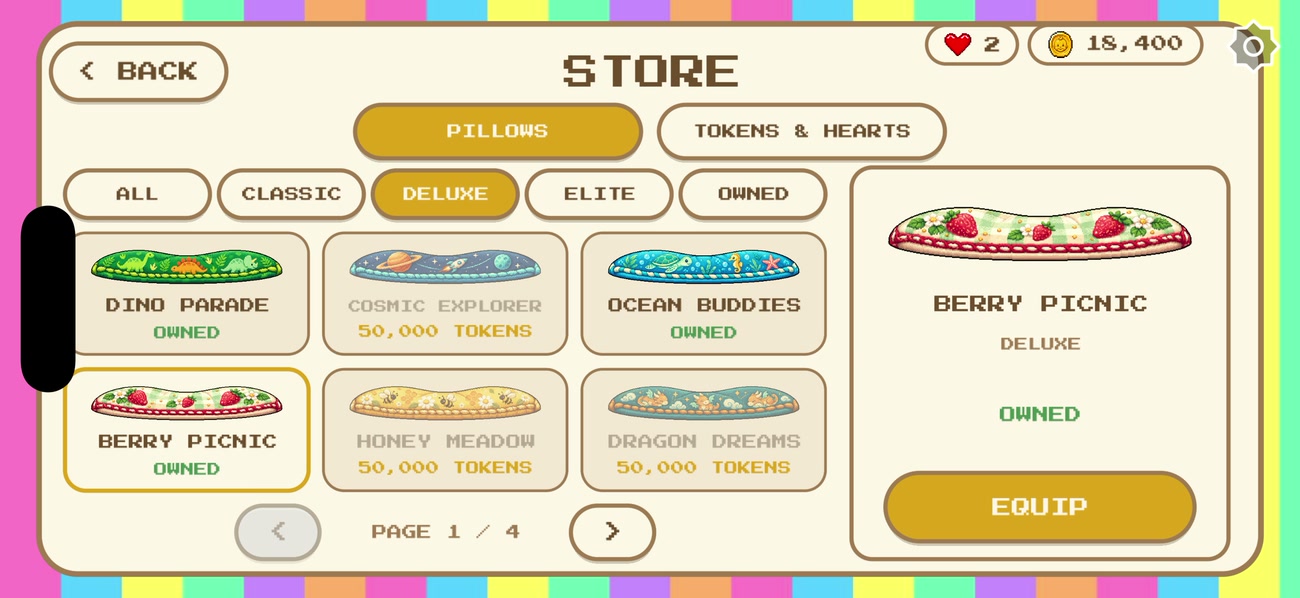 The Dad Reflex shop: Deluxe pillows, some owned and some still 50,000 tokens away