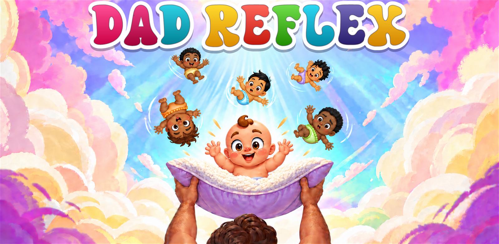 Dad Reflex key art: a dad holding up a pillow as babies tumble out of the clouds