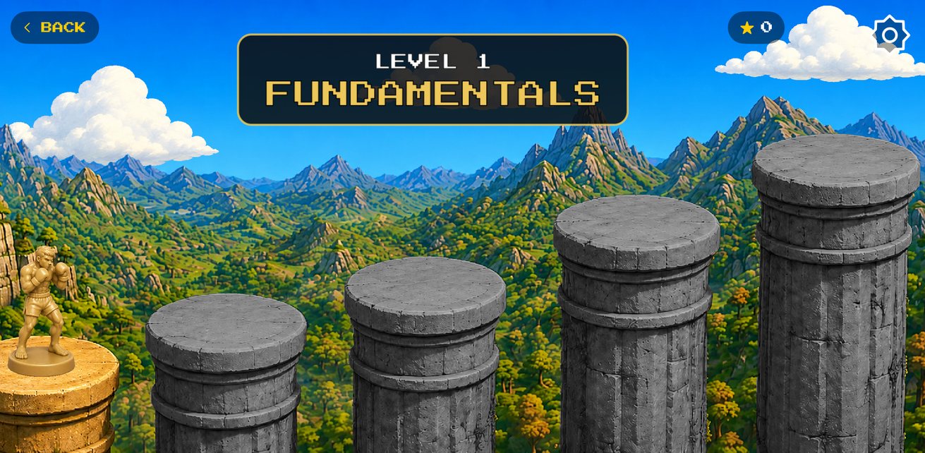 The career map: five stone pillars, one per level, with the gold piece on Level 1 Fundamentals
