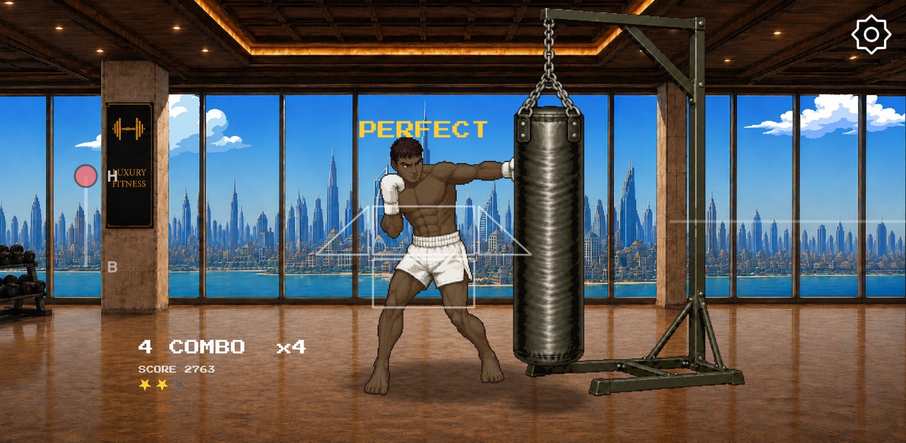 A career level: a left hook lands PERFECT on the bag, combo, score and stars on the HUD