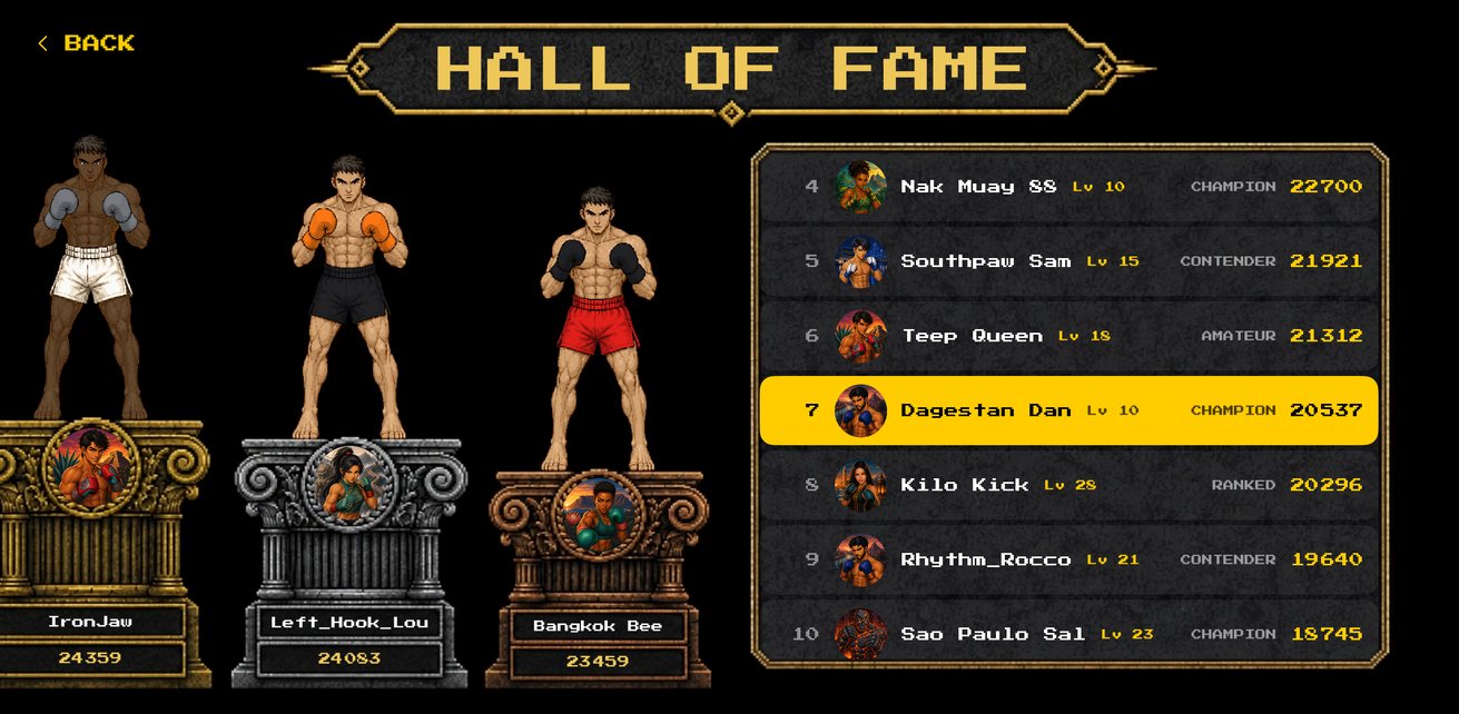 The Hall of Fame: the top three champions stand on pillars beside the ranked board