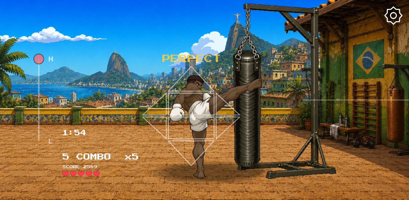 Offline mode in the Brazil gym: a rear head kick lands PERFECT, with the two-minute timer, hearts and the cue diamond