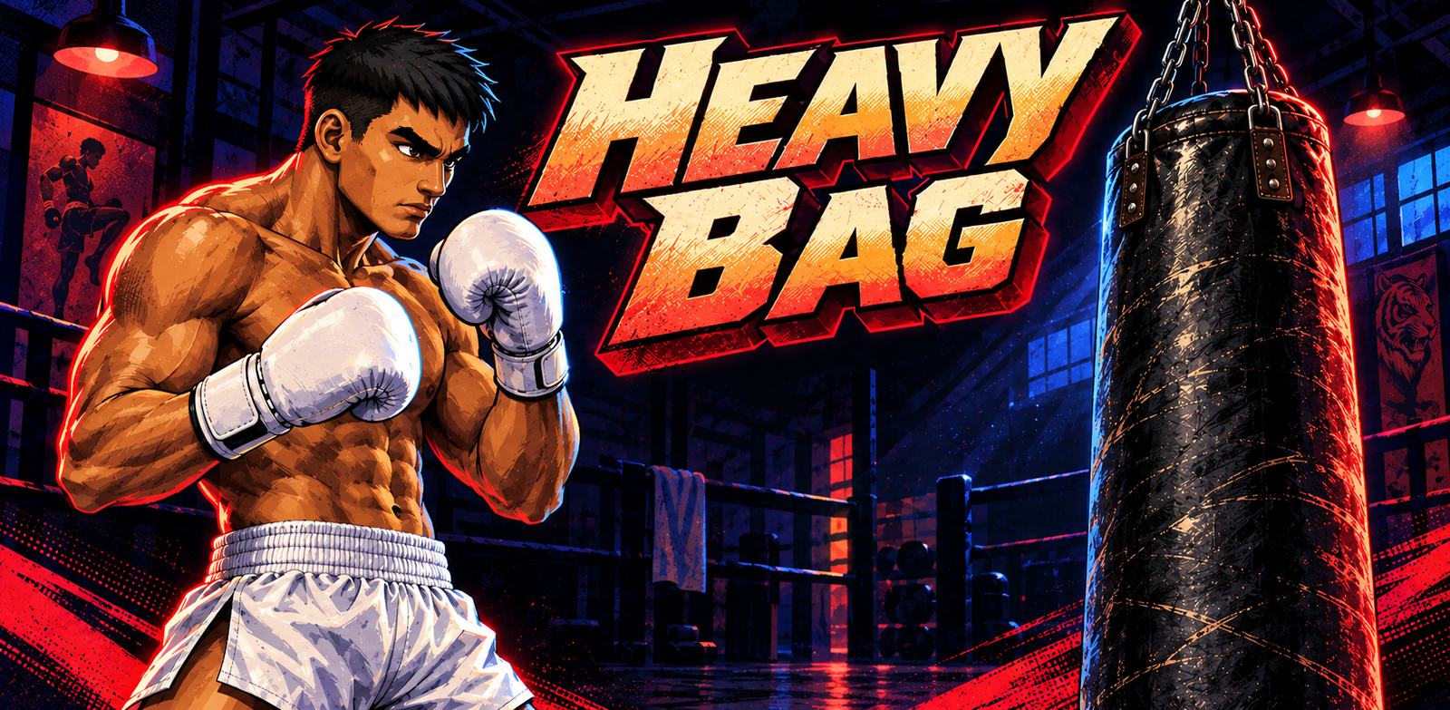Heavy Bag key art: a Muay Thai fighter in guard beside the bag, under the game's logo